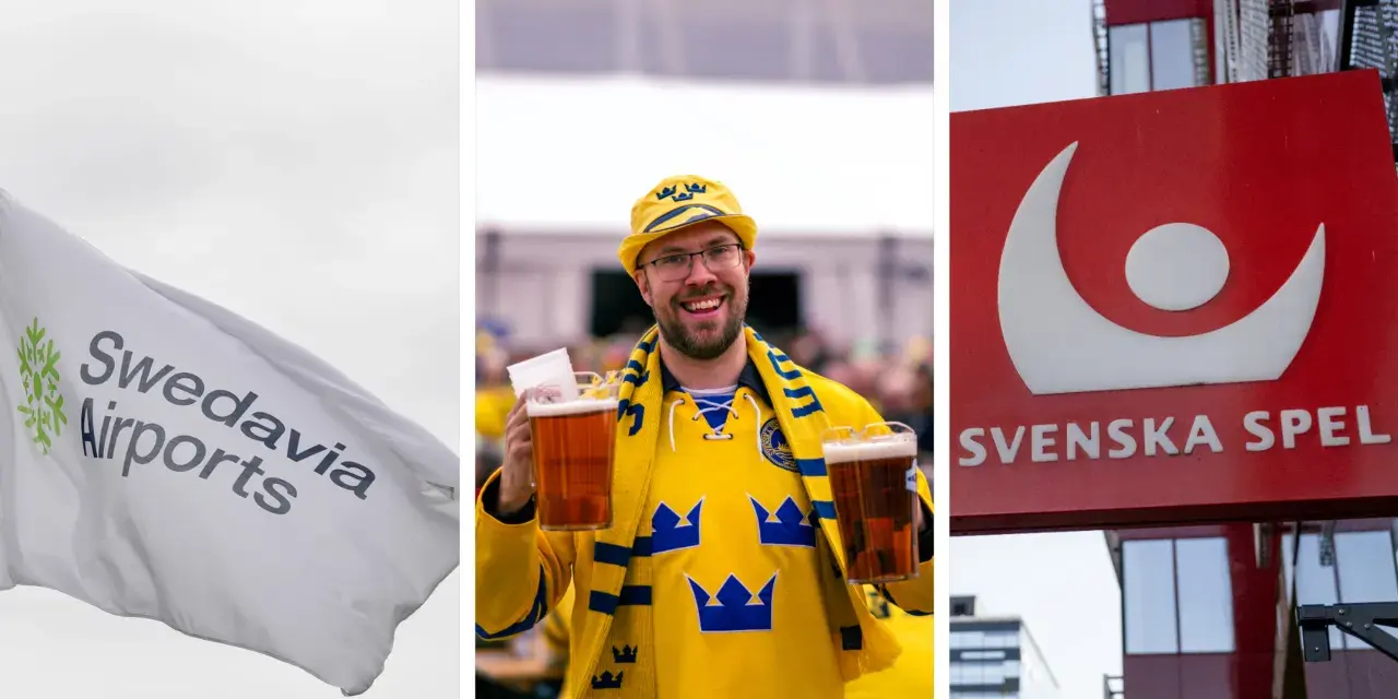 En flagga med Swedavia Airports, en supporter med öl i gulblå tröja, och en skylt för Svenska Spel. Kalla det vad fan du vill, det är Sverige!