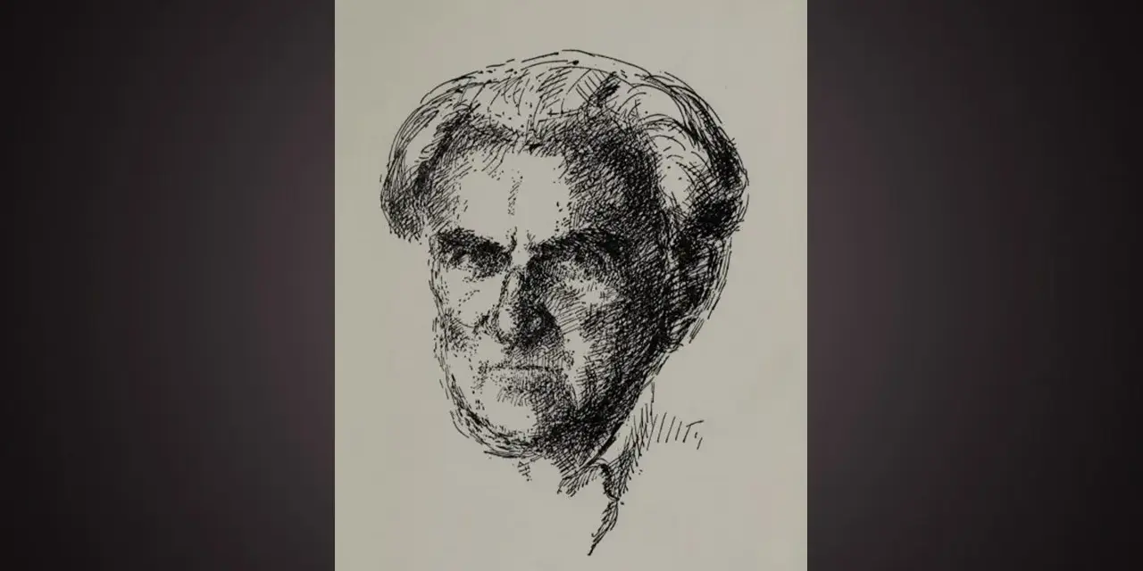 En skiss av en äldre mans ansikte, med intensiv blick. Kanske en illustration till en Vilhelm Ekelund dikt.