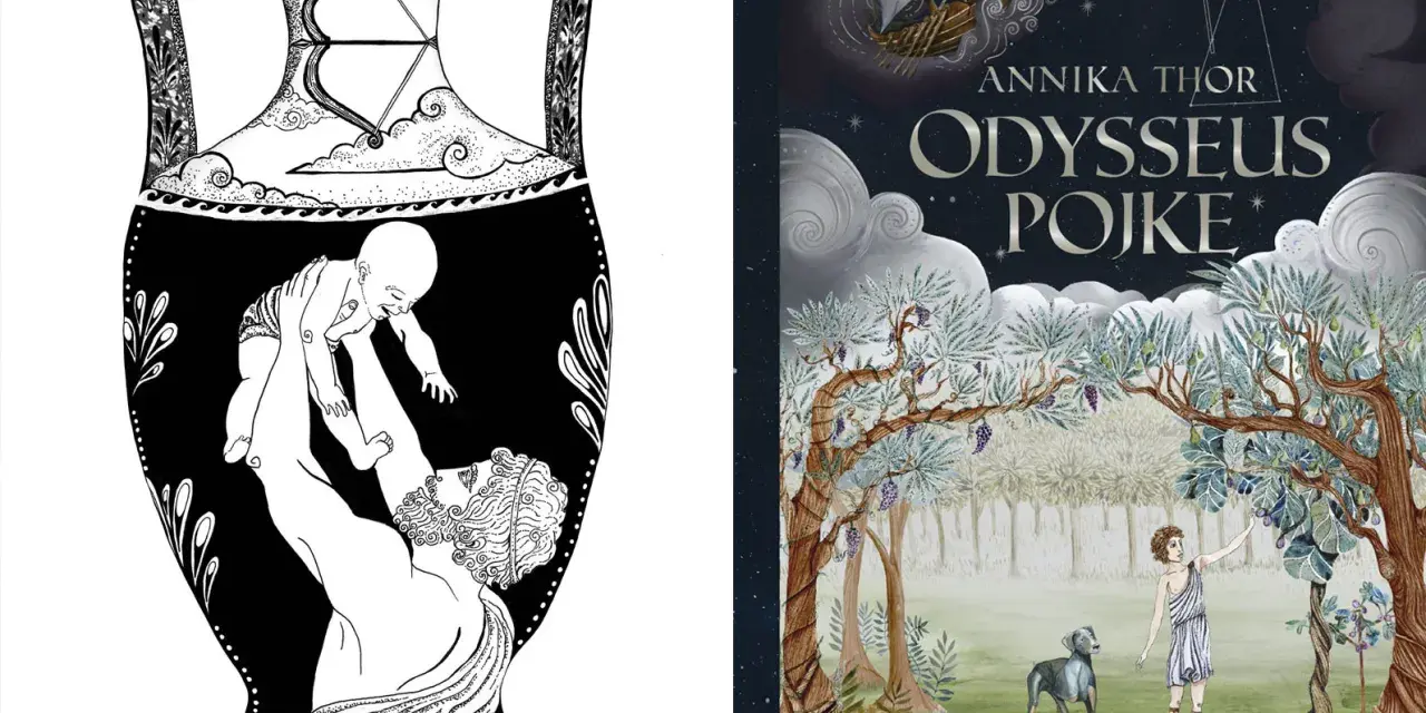 Antik vas med en bebis som lyfts, bredvid bokomslag för "Odysseus Pojke" av Annika Thor. Vem skrev Iliaden och Odysséen?