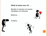 Vad betyder lyrik? Dikter vill berätta, beskriva och förklara känslor, tankar, händelser och drömmar. Bilden visar stickfigurer som illustrerar detta.