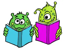 Två gröna monster läser böcker. Det ena monster har en blå bok, det andra en lila. De verkar njuta av att läsa, trots att det är en brist i boken.