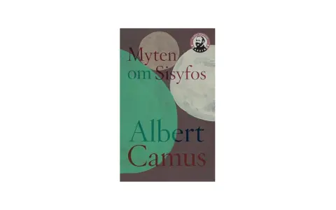 Bokomslag för "Myten om Sisyfos" av Albert Camus. Abstrakt konst med cirklar i grönt, vitt och beige mot en mörk bakgrund.