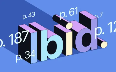 3D-bokstäverna "ibid" med sidnummer som p. 187, p. 43, p. 61, p. 7, p. 34 och p. 12.