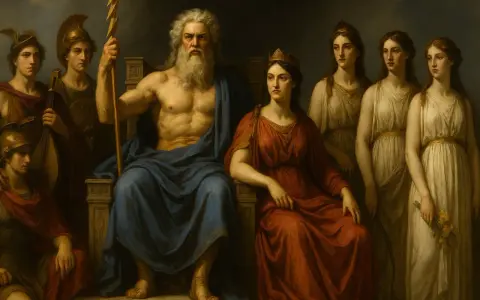 Zeus tronar med sitt blixtrande spjut, omgiven av sina barn. Bredvid honom sitter en kvinna i rött, kanske tvedräktens gudinna, medan andra unga kvinnor står bakom.