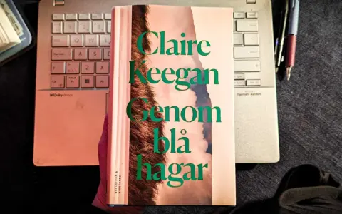 Claire Keegans bok "Genom blå hagar" ligger på ett tangentbord bredvid en anteckningsbok och pennor.