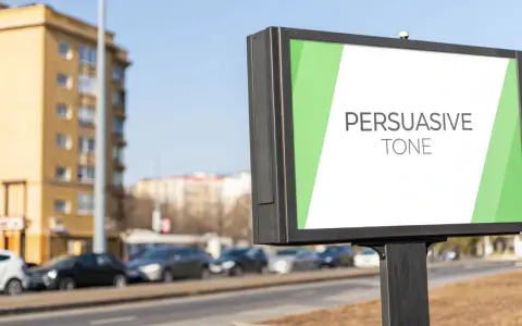 Billboard with "PERSUASIVE TONE" text on a white background with green accents.