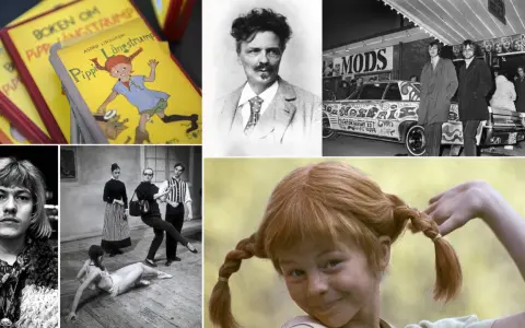 Pippi Långstrump-böcker, en man med mustasch, en bil med Beatles-tema, en balettscen och en närbild på Pippi Långstrump. En epistel-synonym kan vara en kort berättelse.