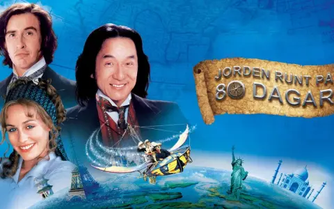 Jackie Chan och Steve Coogan i en äventyrlig resa runt jorden på 80 dagar, med ikoniska landmärken som Eiffeltornet och Taj Mahal.