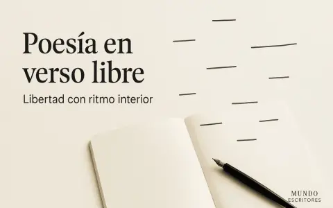 En öppen anteckningsbok med en fjäderpenna, redo att skriva dikter som rimmar. Texten "Poesía en verso libre" antyder frihet i skrivandet.