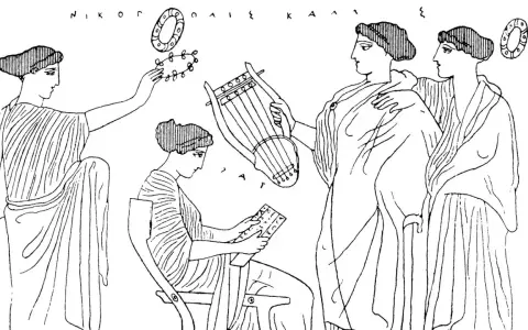 Kvinnor samlas kring en lyra och en skrivtavla, en scen som påminner om Sapfo fragment 31. En kvinna spelar lyra, en annan skriver, medan en tredje håller upp en krans.
