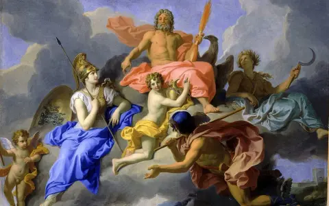 Gudarnas samling på moln, där vem är Zeus, himlens kung, sitter majestätiskt med sin örn och blixt.