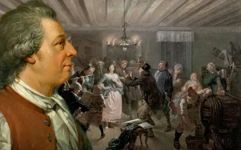 Carl Bellman i förgrunden, bakom honom ett myllrande sällskap på fest med musik och dans.