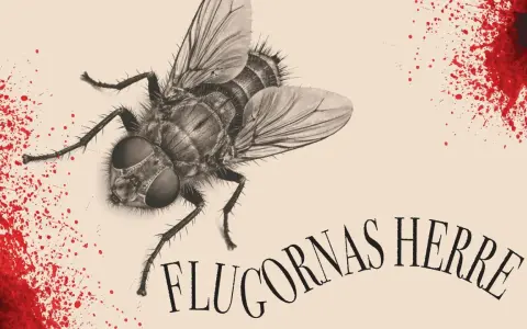 En närbild av en stor fluga med blodstänk och texten "Flugornas herre budskap".