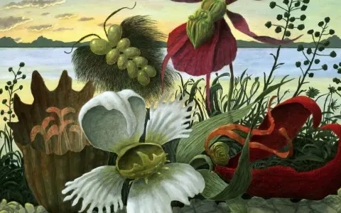 En drömsk scen med surrealism svenska. Konstverket visar fantasifulla blommor och växter vid en sjö under en gul och blå himmel.