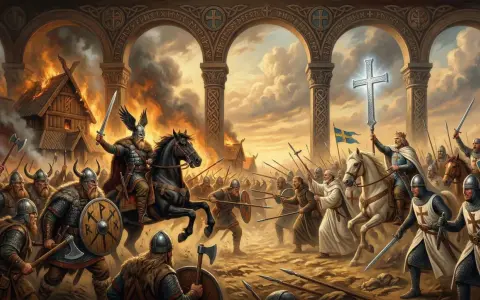 Strid mellan vikingar och kristna riddare under kristnandet av Sverige. Brinnande hus och en lysande korssymbol.