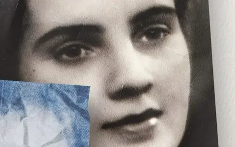 Närbild på Gunilla Boethius ansikte, en gammal svartvit bild med en bit blått tyg över vänstra delen.