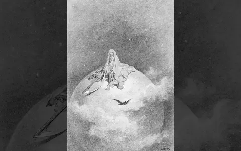 En dödsgestalt med lie sitter på en jordliknande sfär bland moln och stjärnor, en korp flyger förbi. Inspirerad av Edgar Allan Poe.