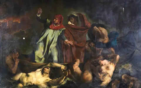 Dante och Vergilius i Charons båt, en scen från Den gudomliga komedin, skriven av Dante Alighieri.
