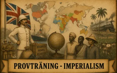 En brittisk officer står vid en världskarta som visar koloniala gränser. Bilden illustrerar imperialism och kolonialism med skepp, tåg och människor från olika kontinenter.