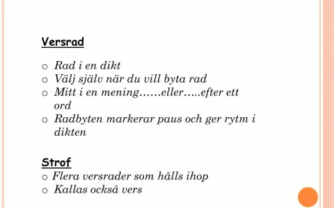 Text om vers och strof, där strof är ett synonym till lyrik. Beskriver radbrytningar och rytm.