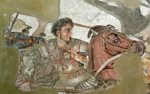 Mosaik som skildrar Alexander den stores rike, med honom på hästryggen i strid.