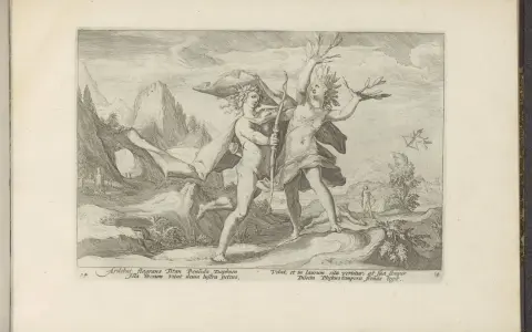 Apollon jagar Dafne som förvandlas till ett lagerbladsträd. En scen inspirerad av Ovidius.