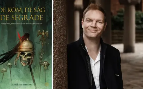 Daniel Hermansson, författare till "De kom, de såg, de segrade", med en bokomslag som visar en romersk hjälm på ett dödskalle.