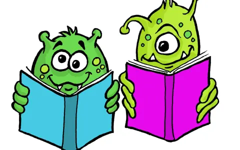 Två gröna monster läser böcker. Det ena monster har en blå bok, det andra en lila. De verkar njuta av att läsa, trots att det är en brist i boken.