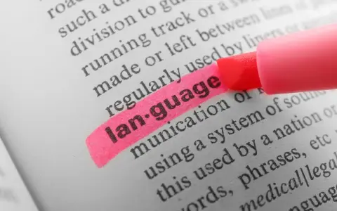 En rosa överstrykningspenna markerar ordet "language" i en ordbok. Ett av retorikens verktyg är att förstå språket.