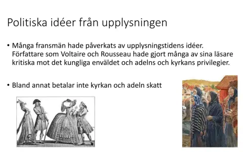 Upplysningens idéer, som kritiserade kungamakt och privilegier, var orsaker till franska revolutionen. Bilden visar samtida illustrationer.