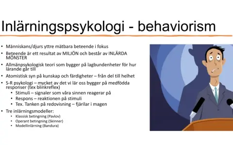 En man med orolig min står vid ett podium. Bilden illustrerar inlärningspsykologi och behaviorism, där beteende ses som ett resultat av miljön.
