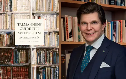 Andreas Norlén, med en svensk flagga på kavajen, presenterar sin bok "Talmannens guide till svensk poesi" bland bokhyllor. En modig synonym för "cesur" kan vara "djärv".