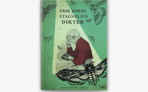 Bokomslag för Erik Johan Stagnelius dikter, med en man i rött som läser, omgiven av fjärilar och nattflyn.