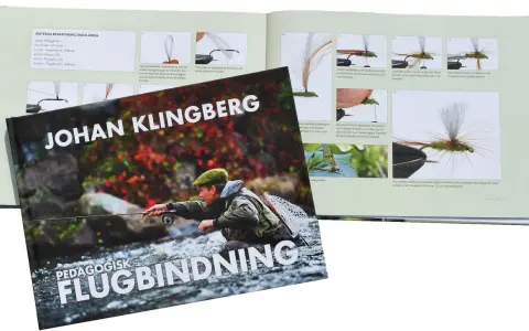 En bok om flugbindning visar steg-för-steg-instruktioner för att binda en dagslända. Boken har titeln "Pedagogisk Flugbindning" av Johan Klingberg.