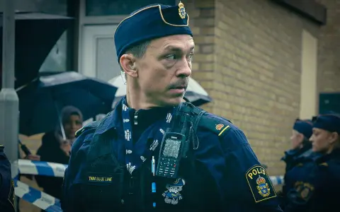 Christoffer Carlsson, en polis med "Thin Blue Line" på sin väst, blickar ut under regnet.