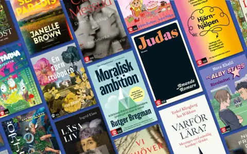En färgsprakande collage av bokomslag, med titlar som "Judas", "Moralisk ambition" och "Varför lära?". Ett perfekt boktips klassiker för alla bokälskare.