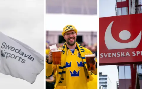 En flagga med Swedavia Airports, en supporter med öl i gulblå tröja, och en skylt för Svenska Spel. Kalla det vad fan du vill, det är Sverige!