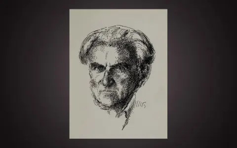 En skiss av en äldre mans ansikte, med intensiv blick. Kanske en illustration till en Vilhelm Ekelund dikt.