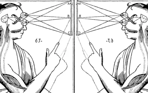 Två spegelvända illustrationer av ögonens anatomi och hur de uppfattar ljus, en visuell representation av dualism filosofi.