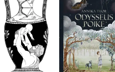 Antik vas med en bebis som lyfts, bredvid bokomslag för "Odysseus Pojke" av Annika Thor. Vem skrev Iliaden och Odysséen?