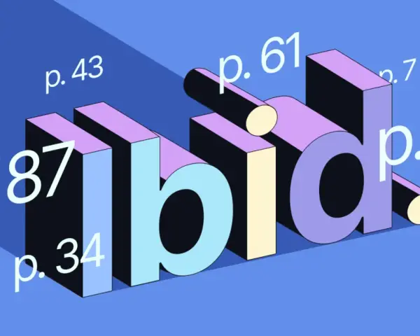 3D-bokstäverna "ibid" med sidnummer som p. 187, p. 43, p. 61, p. 7, p. 34 och p. 12.