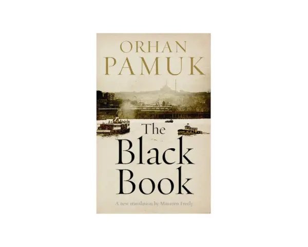 Omslaget till Orhan Pamuks roman "The Black Book", med en sepiafärgad bild av fartyg på en flod och en stad i bakgrunden.