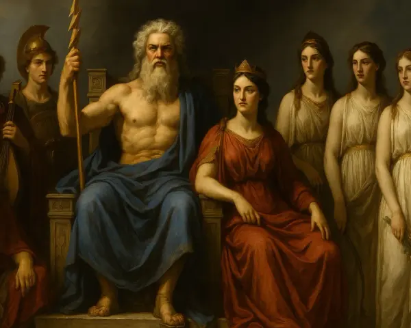 Zeus tronar med sitt blixtrande spjut, omgiven av sina barn. Bredvid honom sitter en kvinna i rött, kanske tvedräktens gudinna, medan andra unga kvinnor står bakom.