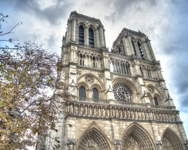 Notre Dame i Paris, ett mästerverk av romansk arkitektur, reser sig mot en dramatisk himmel. Trädgrenar med höstlöv ramar in den storslagna fasaden.