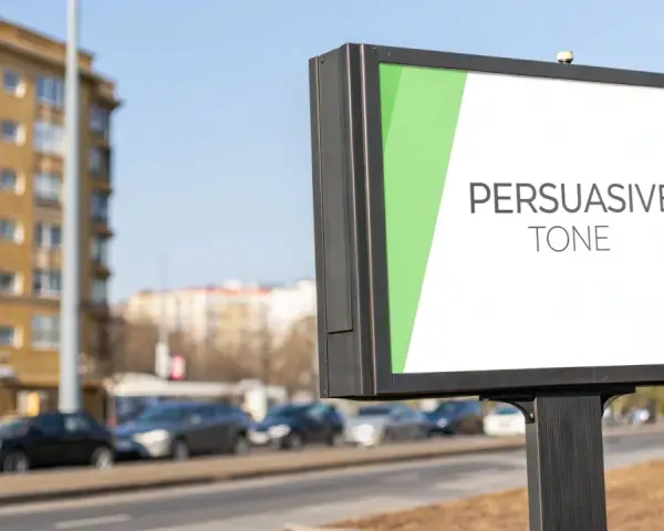 Billboard with "PERSUASIVE TONE" text on a white background with green accents.