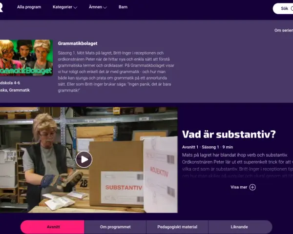 Britt-Inger och Peter lär ut grammatik. Lär dig om ordklasser och hur man skiljer på singular och plural. Ett roligt sätt att förstå ord.