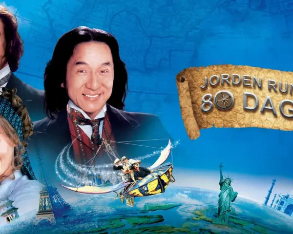 Jackie Chan och Steve Coogan i en äventyrlig resa runt jorden på 80 dagar, med ikoniska landmärken som Eiffeltornet och Taj Mahal.