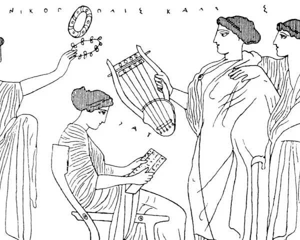 Kvinnor samlas kring en lyra och en skrivtavla, en scen som påminner om Sapfo fragment 31. En kvinna spelar lyra, en annan skriver, medan en tredje håller upp en krans.
