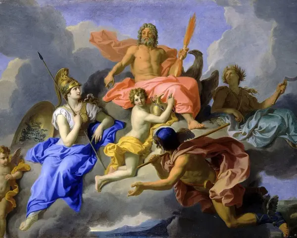Gudarnas samling på moln, där vem är Zeus, himlens kung, sitter majestätiskt med sin örn och blixt.