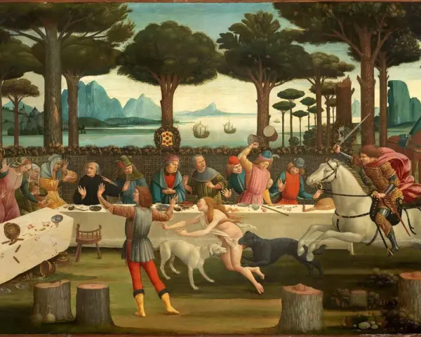 En riddare på vit häst rider mot ett sällskap vid ett långbord, en scen som påminner om berättelser av Giovanni Boccaccio.